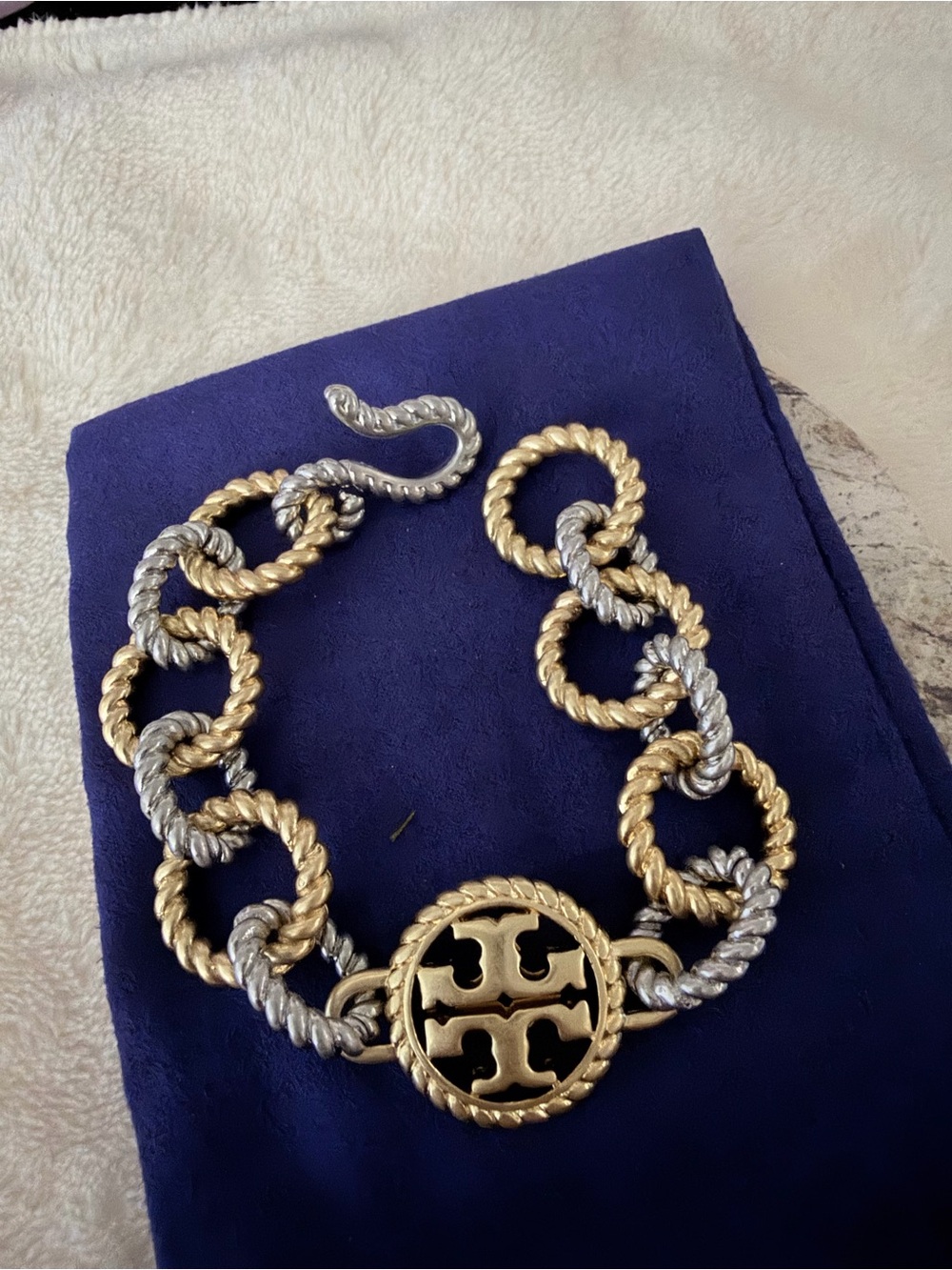 Tory Burch Gold and Silver Twisted Rope Chain Bracelet with Logo Medallion